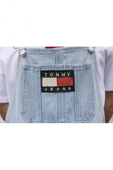 Men's New Fashion Letter Patch Loose Fit Rolled Cuffs Casual Denim Overalls