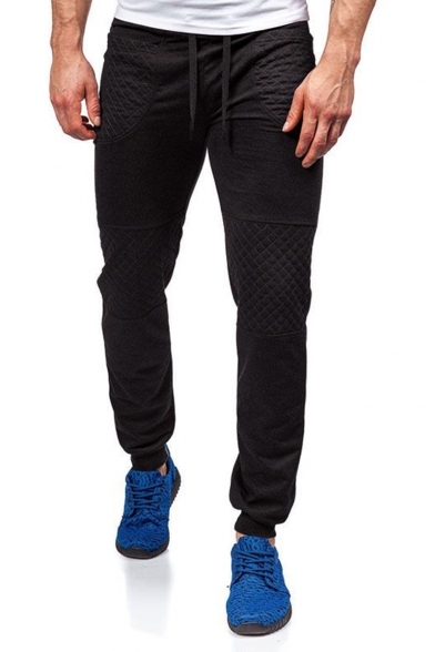 Men's New Fashion Solid Color Rhombus Stitching Drawstring Waist Casual Sweat Pants