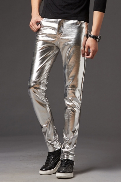 Men's New Fashion Solid Color Slim Fit Stage Performance Glossy Leather Pants Biker Pants