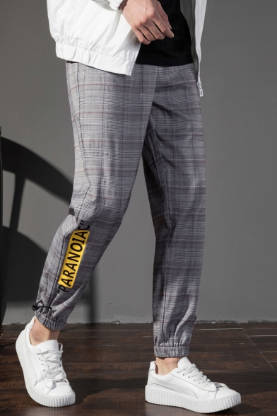 Men's New Stylish Plaid Letter ARANOIA Printed Drawstring Waist Grey Casual Retro Tapered Pants