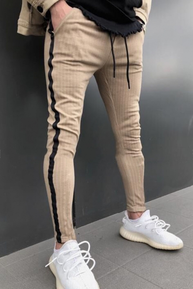 Men's New Stylish Stripe Pattern Tape Side Drawstring Waist Skinny Casual Cotton Pencil Pants