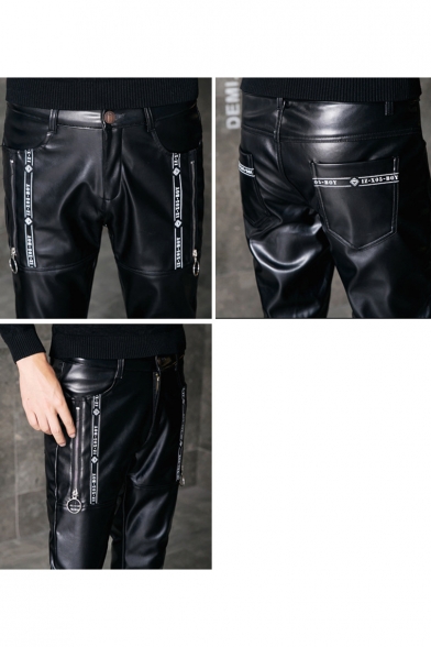 Men's Personalized Fashion Solid Color Letter Robbie Zip Embellished Black Leather Biker Pants