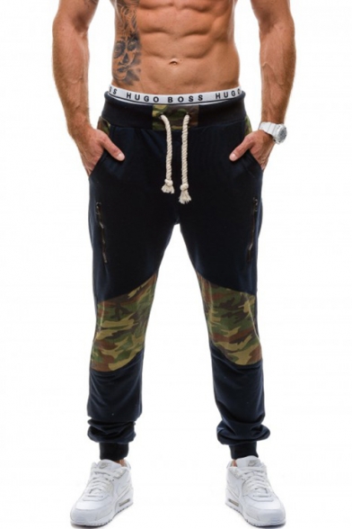 Men's Popular Fashion Camouflage Patched Zip Embellished Drawstring Waist Casual Sweatpants