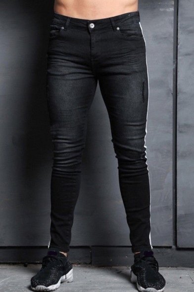 Men's Popular Fashion Contrast Tape Side Skinny Ripped Jeans