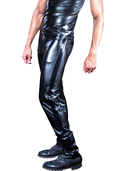 Men's Sexy Fashion Solid Color Patent Leather Patched Side Black Slim Fit Biker Pants