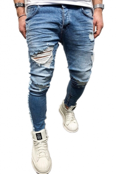 Men's Street Fashion Light Blue Stripe Side Skinny Ripped Jeans
