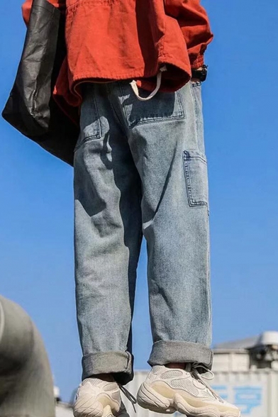 Men's Street Style Trendy Ribbon Pocket Embellished Rolled Cuffs Straight Wide Leg Jeans