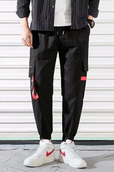 Men's Stylish Contrast Buckle Strap Flap Pocket Drawstring Waist Casual Loose Cargo Pants