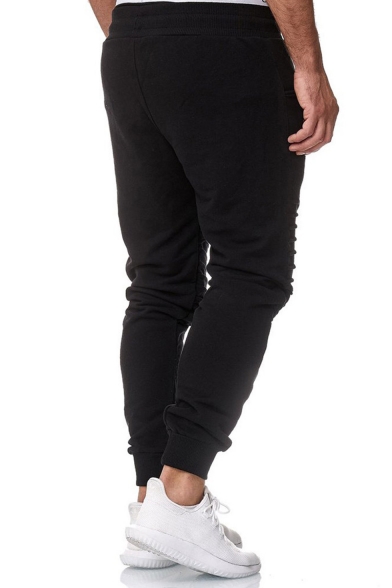 Men's Stylish Solid Color Double Zipper Embellished Knee Pleated Detail Black Sports Pencil Pants