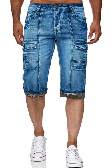 Men's Summer Hot Fashion Vintage Washed Flap Pocket Camouflage Printed Rolled Cuffs Casual Denim Shorts