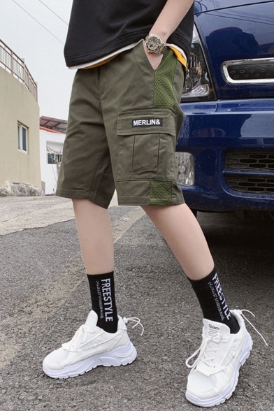 Men's Summer Trendy Letter Printed Flap Pocket Side Casual Cotton Cargo Shorts