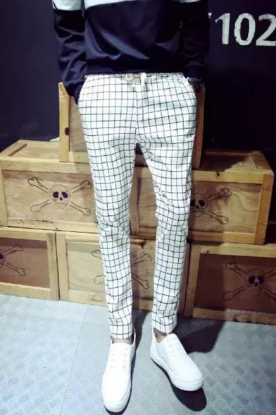 Men's Trendy Plaid Printed Drawstring Waist Slim Fit White Casual Pencil Pants