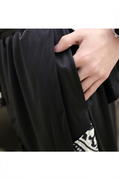 Men's Unique Printed Drop-Crotch Drawstring Waist Black Cropped Joggers Harem Pants