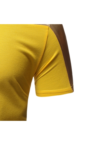 Mens Cool Gold Stamping Patchwork Simple Plain Short Sleeve Slim Fit Nightclub Polo Shirt