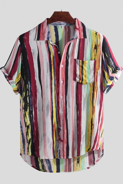 Mens Hot Fashion Rainbow Striped Printed Short Sleeve Button Front Casual Cotton and Linen Shirt