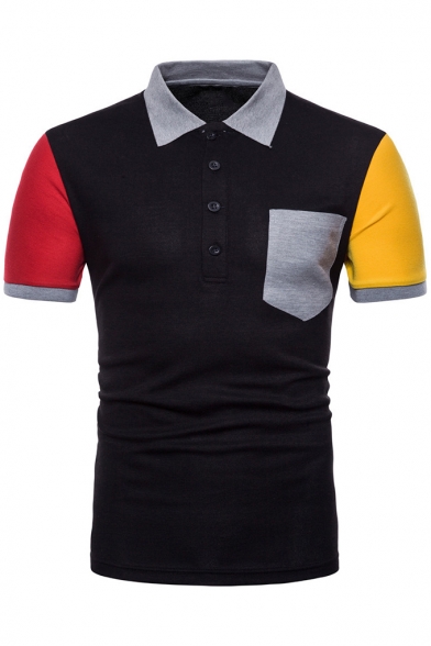 Mens Hot Popular Color Block Short Sleeve Turn-Down Collar One Pocket Patched Slim Fit Polo Shirt