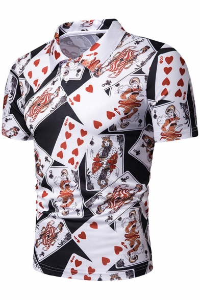 Mens Hot Popular Unique Poker Card Printed Short Sleeve Black Slim Polo Shirt