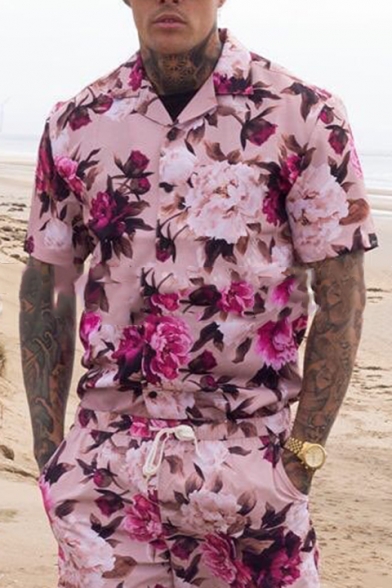 Mens New Stylish Pink Floral Printed Lapel Collar Short Sleeve Button Shirt