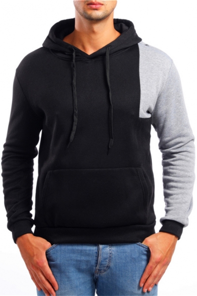 Mens Simple Fashion Colorblock Long Sleeve Fitted Sport Pullover Drawstring Hoodie