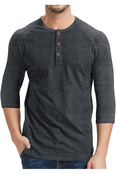 Mens Simple Plain Three-Quarter Sleeve Button Round Neck Fitted Henley ...
