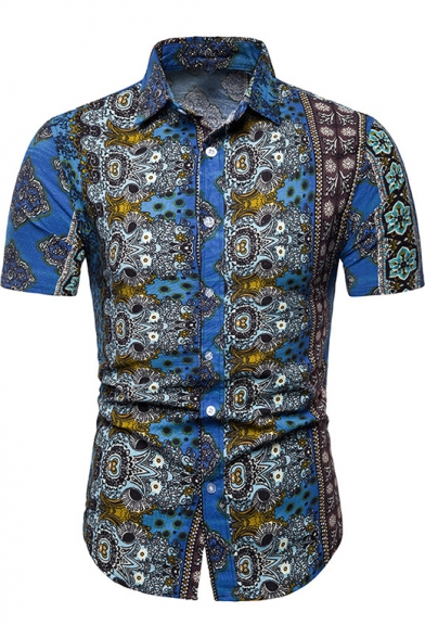 Mens Summer Fashion Ethnic Style Tribal Printed Short Sleeve Button Up Slim Shirt