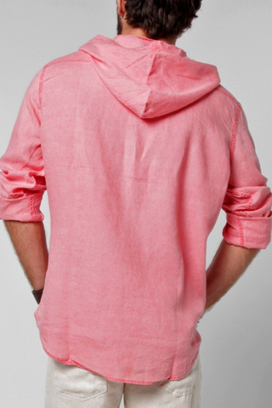 Mens Unique Simple Plain V-Neck Long Sleeve Hooded Casual Linen Shirt Blouse