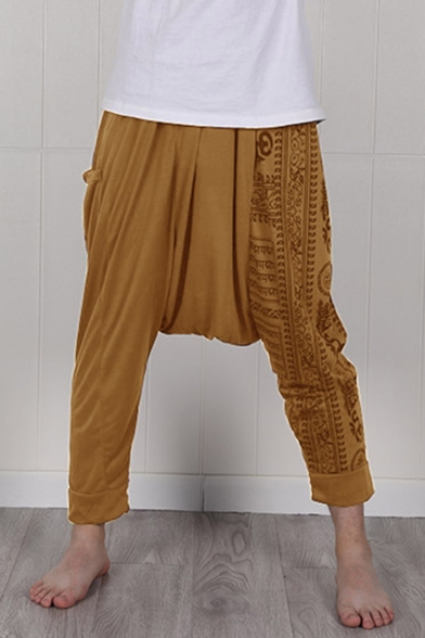 National Style Unique Printed Baggy Low Crotch Harem Pants with Side Pockets