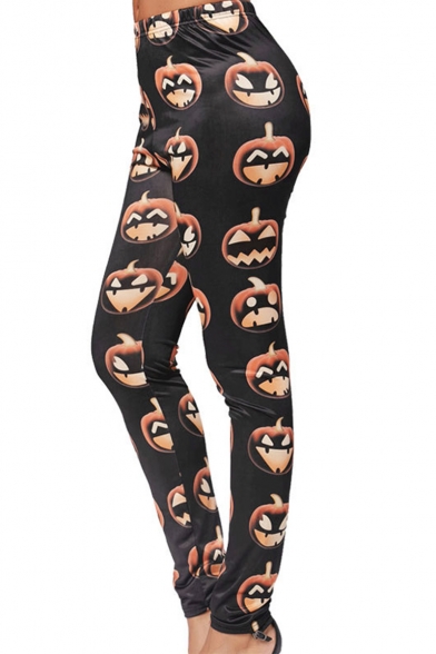 New Arrival Halloween Black Elastic Waist Pumpkin Print Skinny Pants Leggings for Women