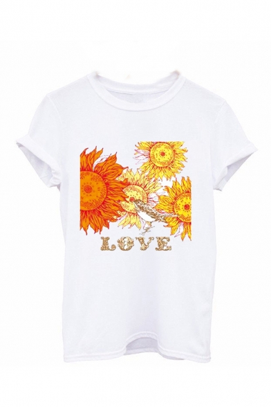 New Arrival Summer White Round Neck Letter Love Sun Printed Short Sleeve T-Shirts