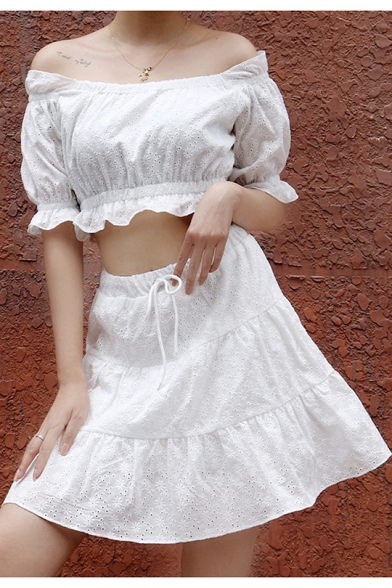 New Fashion Simple White Drawstring Waist Hollow Crochet Mini A-Line Skirt