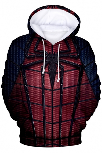 New Stylish Blue and Red Spider Pattern Long Sleeve Loose Casual Unisex Hoodie