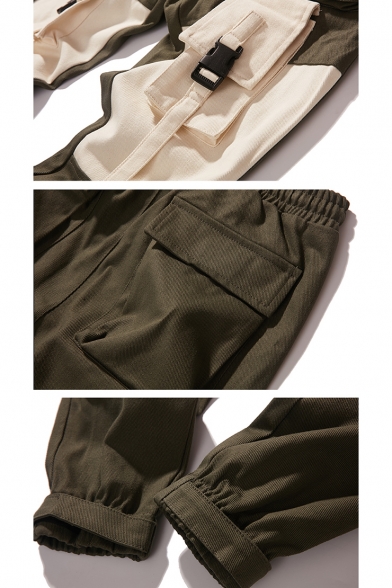 New Stylish Colorblock Unique Buckle Strap Multi-pocket Design Drawstring Waist Cotton Cargo Pants for Men