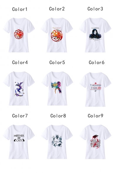 New Stylish Dragon Logo Printed Round Neck Short Sleeve White T-Shirt