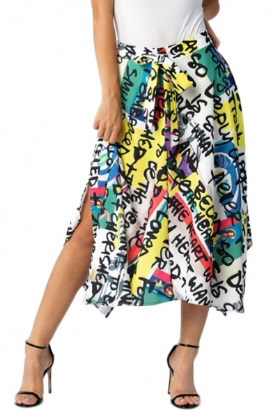 New Stylish Newspaper letters Colorful Print Tie-Front Maxi Asymmetric Skirt