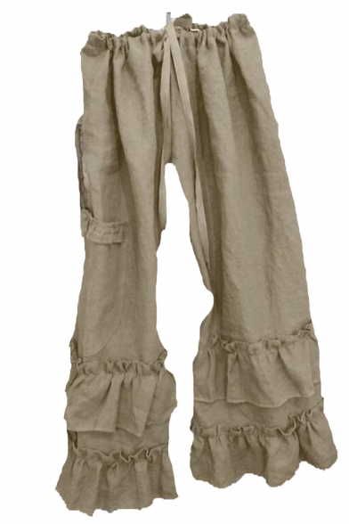 New Stylish Plain Drawstring Waist Pocket Side Layer Ruffle Hem Wide Leg Loose Pants