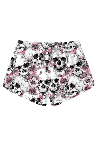 New Stylish White Floral Skull Printed Casual Swimwear Beach Shorts
