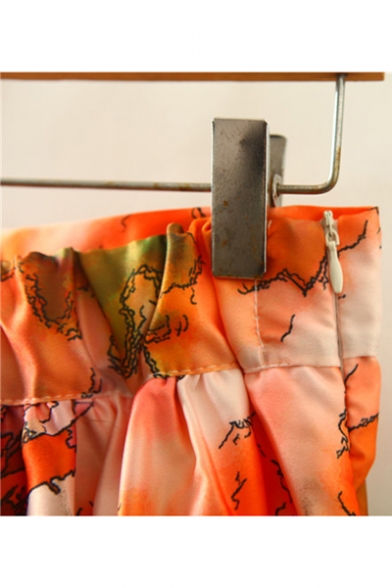 New Stylish Womens High Waist Tie Dye Tree Print Pleated A-Line Midi Puffy Skirt