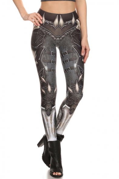 New Trendy Black Armor Printed Elastic Waist Skinny Stretch Legging Pants