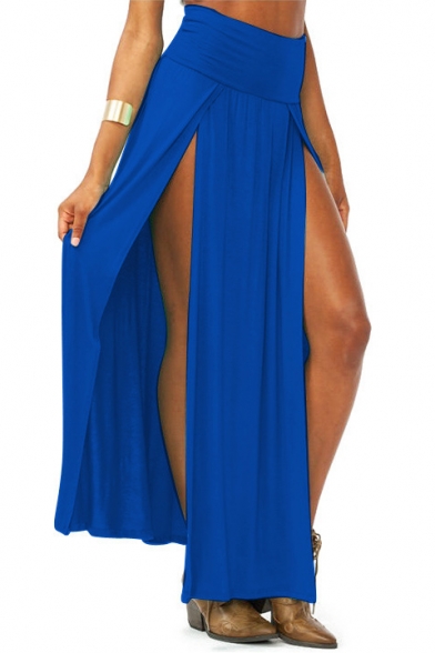 New Trendy Women's Summer Sexy Split Front Simple Plain Maxi High Waist Skirt for Party