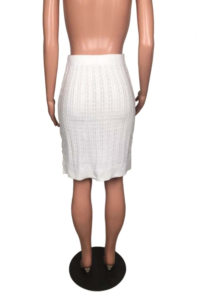 New Trendy Women Simple Plain Elastic Waist Midi Pencil Knit Skirt