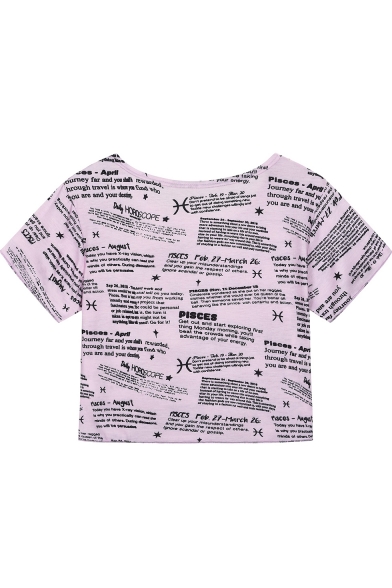 New Trendy Womens Retro Purple Newspaper Print Round Neck Short Sleeve Crop Tee