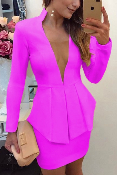 Office Lady Sexy Plunging V-Neck Long Sleeve Peplum Mini Bodycon Blazer Suit Dress