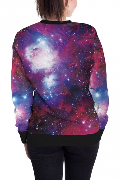 Popular 3D Purple Galaxy Pattern Round Neck Long Sleeve Loose Fit Sweatshirt