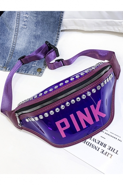Popular Fashion Letter PINK Printed Rhinestone Embellishment Transparent Waist Belt Bag 27*16*10 CM