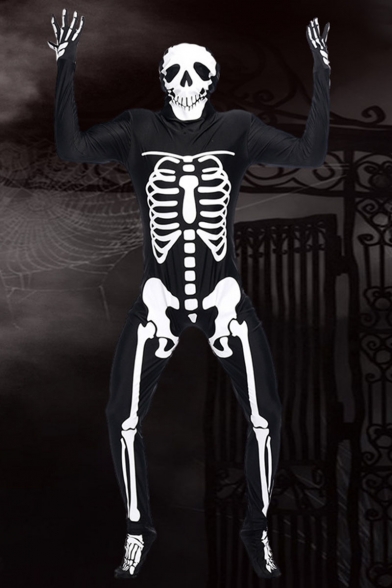 Popular Fashion Skull Skeleton Printed Comic Cosplay Long Sleeve Black Jumpsuits