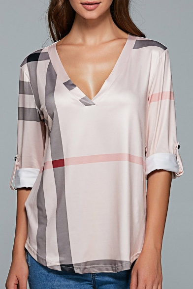 Popular Light Pink Stripe Printed V-Neck Long Sleeve Casual Loose Blouse for Women