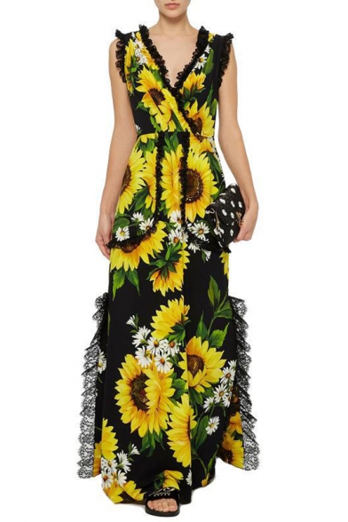 Popular Trendy lace Patch V Neck Sleeveless Sunflower Printed Maxi Yellow Swing Dress