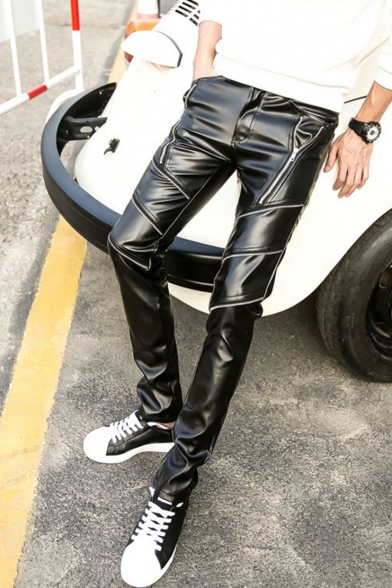 Punk Style Solid Color PU Leather Zipper Embellished Men's Black Pencil Pants