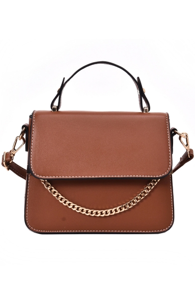 Simple Fashion Solid Color PU Leather Chain Embellishment Satchel Handbag for Women 21*16*8 CM