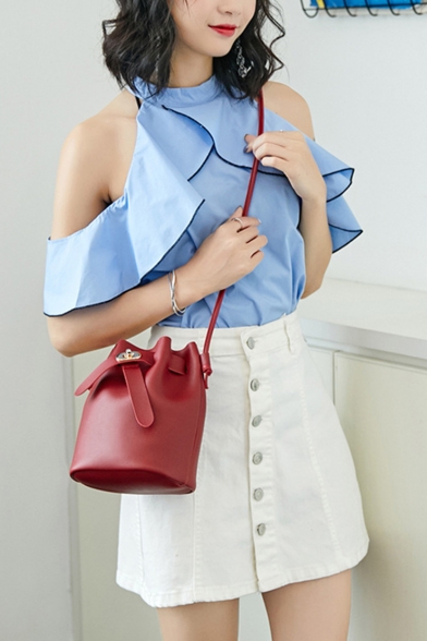 Simple Fashion Solid Color PU Leather Drawstring Bucket Bag 17*12*19 CM